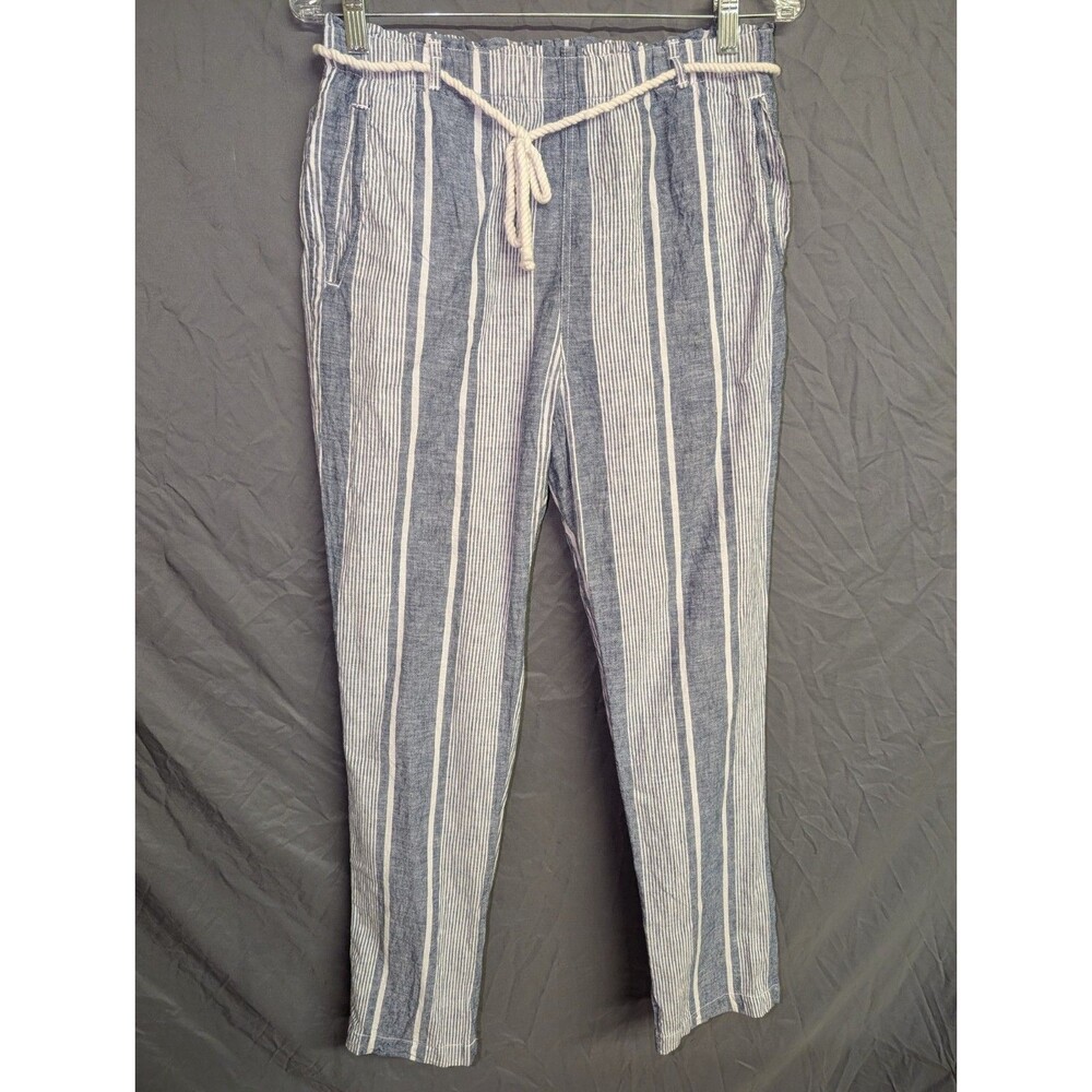 Sigrid Olsen Linen Cotton Striped Pull On Pants Womens Size M Rope Belt Nautical